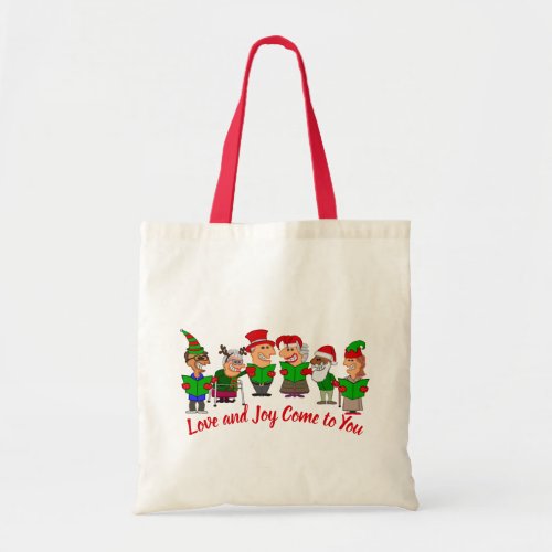 Love and Joy Funny Cartoon Christmas Carolers Tote Bag