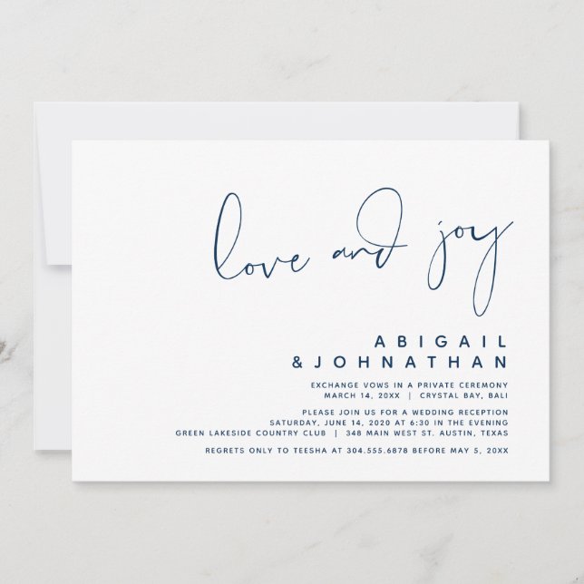 Love and Joy, Modern Wedding Elopement, Navy Blue Invitation (Front)