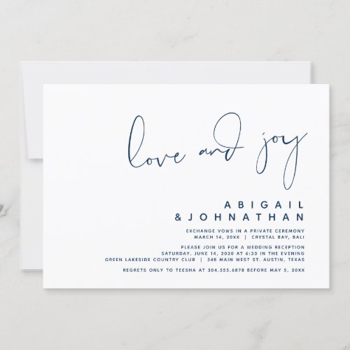Love and Joy Modern Wedding Elopement Navy Blue Invitation