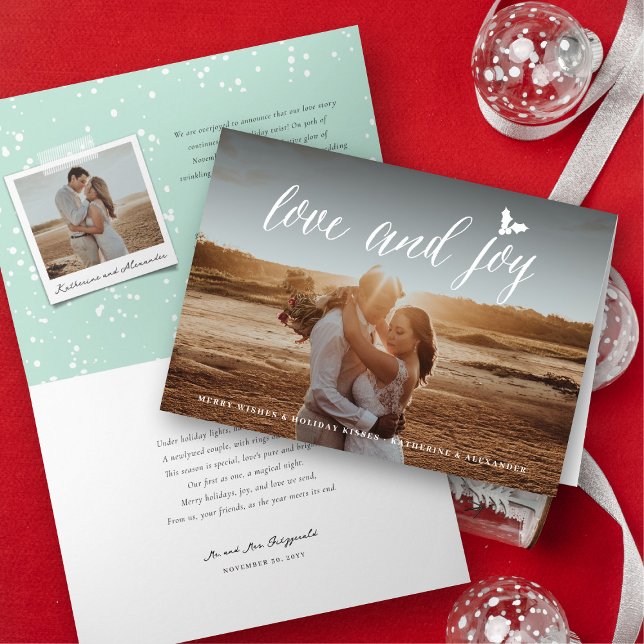 Love And Joy Mr & Mrs 1st Christmas Photo Wedding Holiday Card (Simple Love And Joy Script - Mr & Mrs 1st Christmas - Holiday Wedding Photo Card by fat*fa*tin)