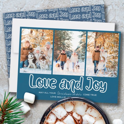 Love and Joy Outline Lettering 3 Vertical Photo Holiday Card