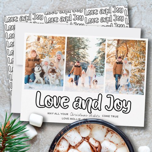 Love and Joy Outline Lettering 3 Vertical Photo Holiday Card