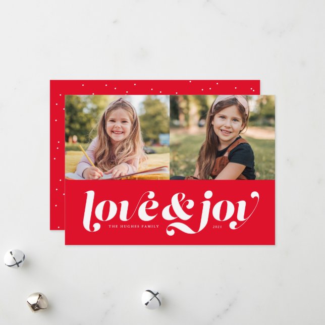 Love and joy red two photo holiday card (Front/Back In Situ)