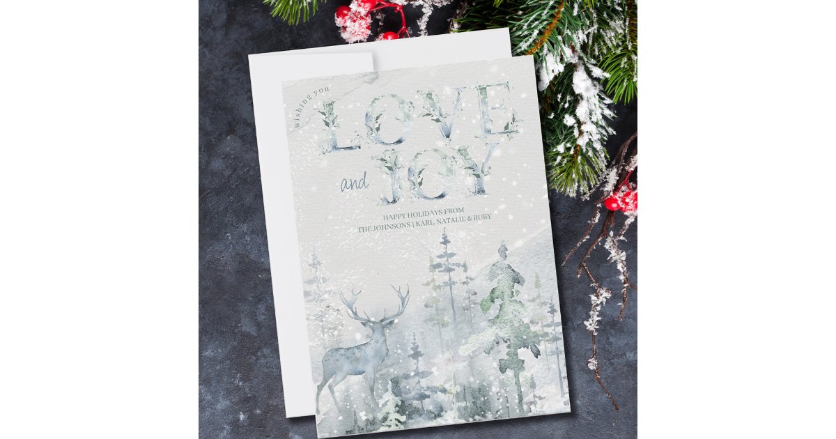 Love and Joy Snowy Winter Forest and Stag Happy Holiday Card | Zazzle