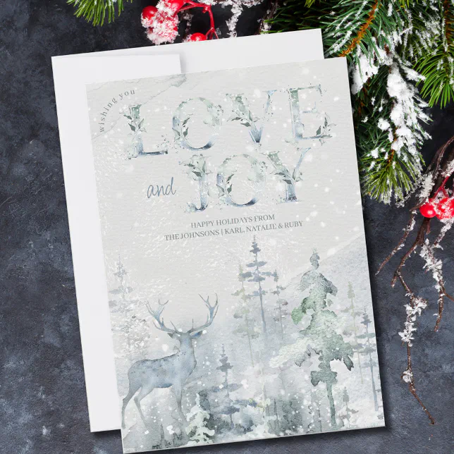 Love and Joy Snowy Winter Forest and Stag Happy Holiday Card | Zazzle