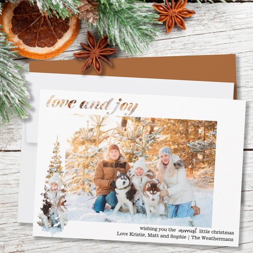 Love and Joy Typography and Fir Tree Montage Holiday Card