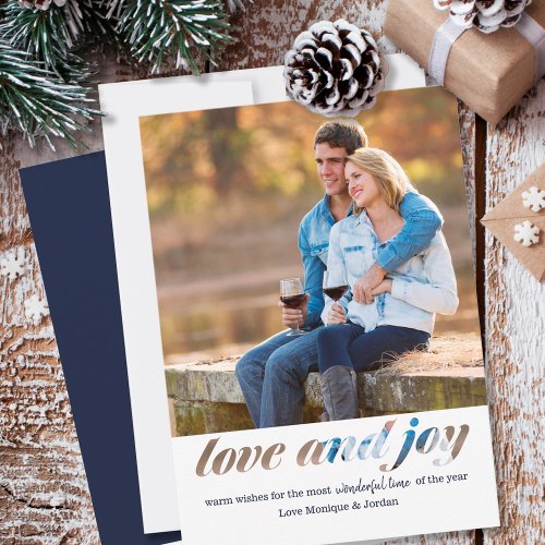 Love and Joy Typography Montage Square Photo Holiday Card