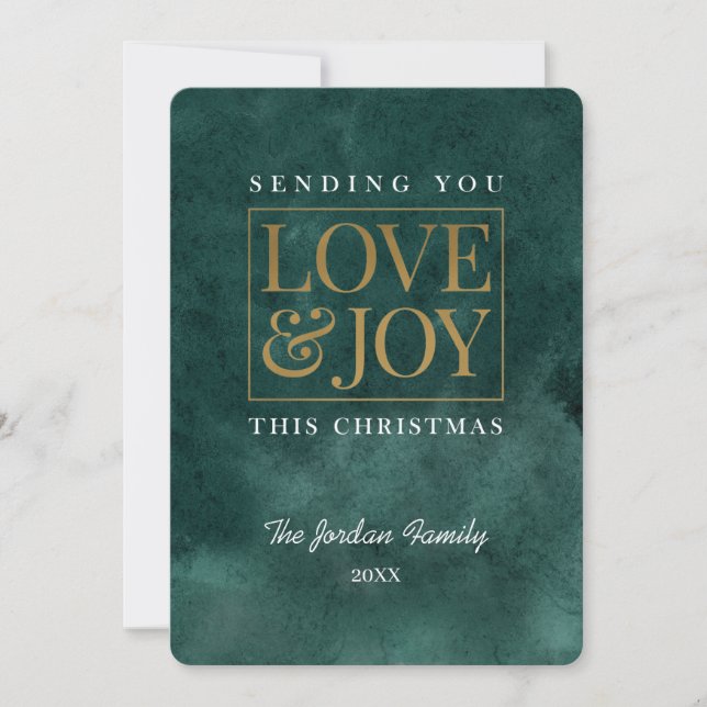 Love and Joy Watercolor Emerald Holiday Card (Front)