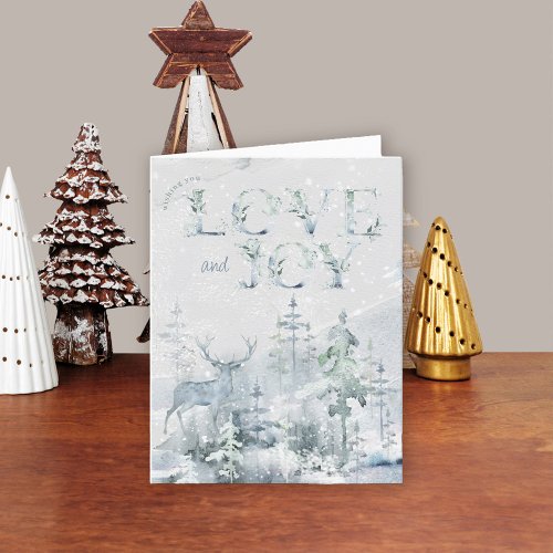 Love and Joy Winter Snow Forest and Stag Happy Holiday Card