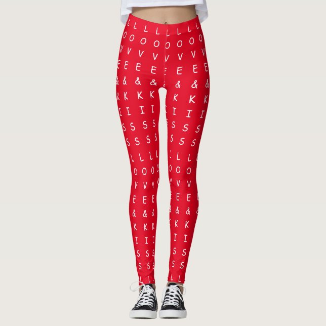 love and kisses, fun red white graphic text design leggings (Front)