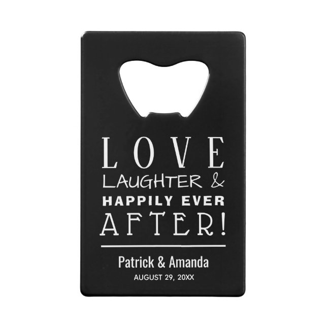 Love and Laughter Black Wedding Credit Card Bottle Opener (Front)