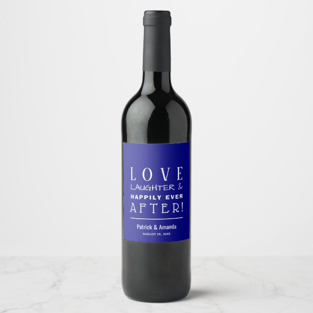 Love and Laughter Navy Blue Wedding Wine Label (Front)