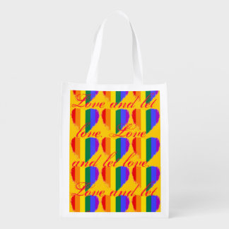 Love and let love rainbow hearts pattern on yellow grocery bag