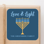 Love and Light Blue Gold Hanukkah Menorah Square Sticker<br><div class="desc">Cute custom Love and Light Hanukkah sticker for a Jewish family or a Chanukah party with a synagogue. Personalize with your own last name or group information in blue under the pretty gold menorah.</div>