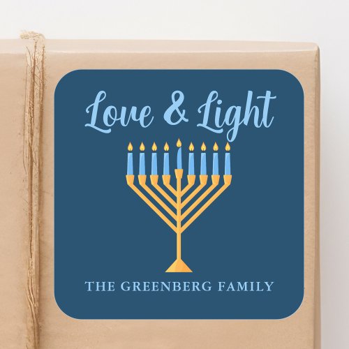 Love and Light Blue Gold Hanukkah Menorah Square Sticker