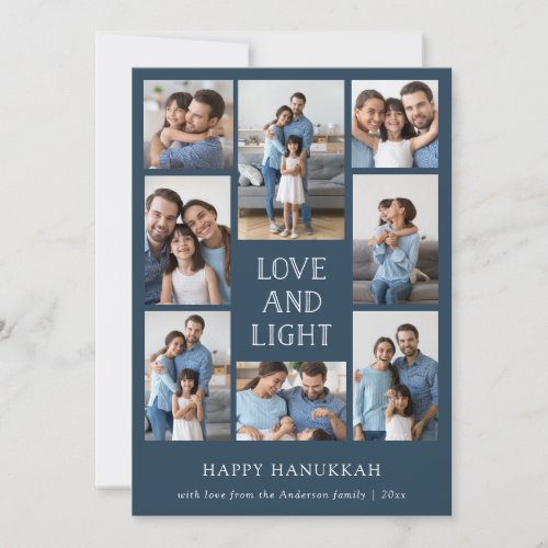 Love and Light  Blue Multi Photo Family Hanukkah Holiday Card