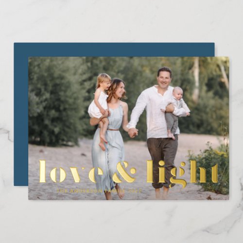 Love and Light Bold Typography Hanukkah Photo Foil Holiday Card