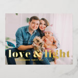 Love and Light Bold Typography Hanukkah Photo Foil Holiday Postcard<br><div class="desc">Love and Light! Send Hanukkah wishes to family and friends with this customizable gold foil Hanukkah postcard. It features bold typography. Personalize by adding names and a photo. This gold foil Happy Hanukkah postcard is available on other cardstock.</div>