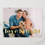 Love and Light Bold Typography Hanukkah Photo Foil Holiday Postcard<br><div class="desc">Love and Light! Send Hanukkah wishes to family and friends with this customizable gold foil Hanukkah postcard. It features bold typography. Personalize by adding names and a photo. This gold foil Happy Hanukkah postcard is available on other cardstock.</div>