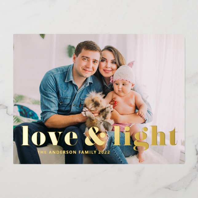 Love and Light Bold Typography Hanukkah Photo Foil Holiday Postcard (Front)