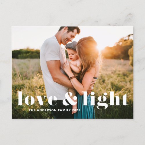 Love and Light Bold Typography Hanukkah Photo Holiday Postcard