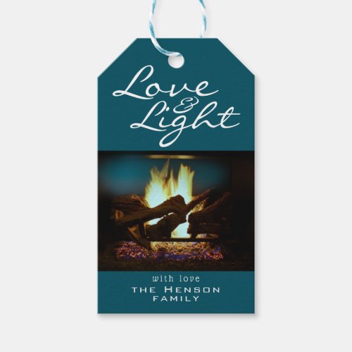 Love and Light Fireplace Fire Christmas Photo Gift Tags