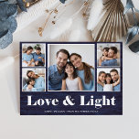 Love and Light | Hanukkah Blue Rustic Photo Grid Holiday Card<br><div class="desc">This simple and rustic multi photo Hanukkah card says "Love & Light" in white, modern typography on a blue wood look background with a five photo grid on the front of the card. The back contains two more photos, plus a spot to add your own personal message. A cute and...</div>