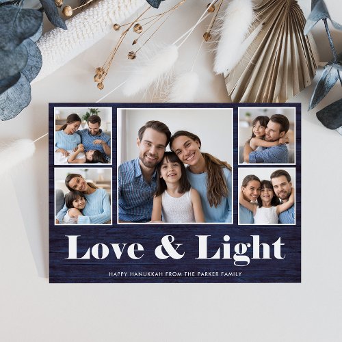 Love and Light  Hanukkah Blue Rustic Photo Grid Holiday Card