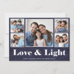 Love and Light | Hanukkah Blue Rustic Photo Grid Holiday Card<br><div class="desc">This simple and rustic multi photo Hanukkah card says "Love & Light" in white, modern typography on a blue wood look background with a five photo grid on the front of the card. The back contains two more photos, plus a spot to add your own personal message. A cute and...</div>