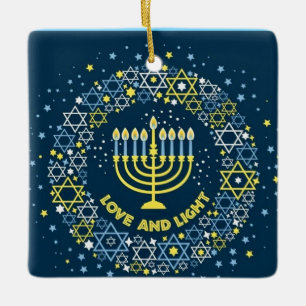 Love and Light Hanukkah Menorah Blue and yellow Ceramic Ornament