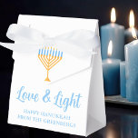 Love and Light Hanukkah Menorah Custom Party Favor Boxes<br><div class="desc">Cute custom Love and Light Hanukkah party favor box for Jewish family gifts at a Chanukah party or a synagogue. Personalize with your own last name or group information in blue around the pretty gold menorah.</div>