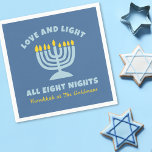 "Love and Light" Jewish Eight Nights of Hanukkah Napkins<br><div class="desc">Add a touch of warmth and tradition to your Hanukkah gatherings with these "Love and Light All Eight Nights" napkins. Featuring a soft blue background, a bright menorah illustration, and customizable family name text, these napkins are perfect for family dinners, holiday parties, or any night of the Festival of Lights....</div>