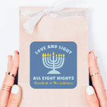 "Love and Light" Jewish Eight Nights of Hanukkah Square Sticker<br><div class="desc">Share the joy of Hanukkah with these "Love and Light All Eight Nights" stickers! Featuring a serene blue background, a bright menorah illustration, and customizable family name text, these are ideal for Hanukkah gatherings, and bring warmth and meaning to the Festival of Lights, making each night a little more special....</div>