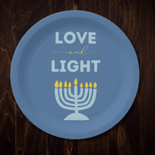 "Love and Light" Jewish Menorah Blue Hanukkah Paper Plates