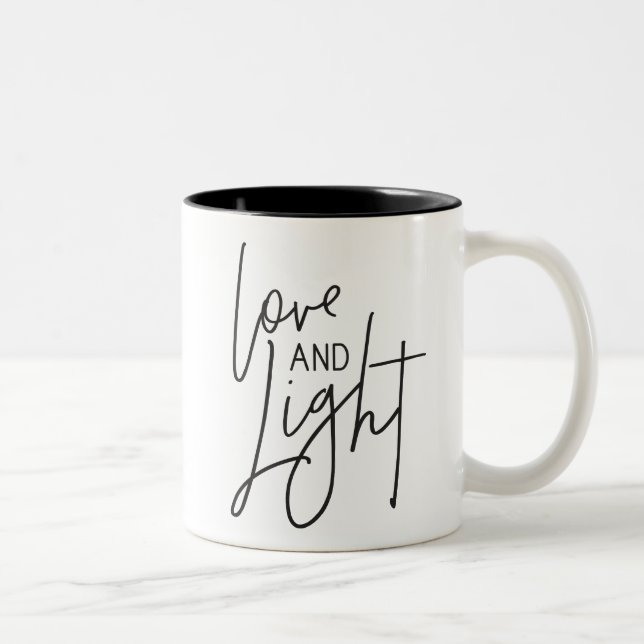 LOVE AND LIGHT modern chic hand lettered black Two-Tone Coffee Mug (Right)