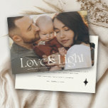 Love and Light Modern Family Photo Holiday Card<br><div class="desc">Elegant family photo holiday card with your photo in a with modern typography design reading Love and Light. Space for personal messages on front and back next to a sparkly star as well as 3 more photos on the back.</div>