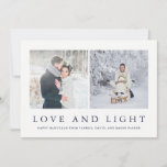 Love and Light | Modern Hanukkah Two Photo Holiday Card<br><div class="desc">This elegant,  simple Hanukkah card features two of your personal photos,  and the words "love and light" in midnight blue text. The back contains a trendy leafy design for a totally stylish holiday look.</div>
