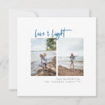 Love and Light Modern Minimalist Photo Hanukkah Holiday Card<br><div class="desc">Modern minimalist typography design "Love & Light" Hanukkah photo card. Features,  two vertical centered photo spaces,  blue script and coordinating solid color backing. Template text lines for short greeting,  family name and year.</div>