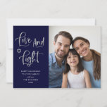 Love and Light | Navy and Silver Hanukkah Photo Holiday Card<br><div class="desc">This simple and stylish navy blue colored Happy Hanukkah photo card features modern silver look handwritten script that says "Love and Light",  and the Star of David,  with your personal photo favorite.</div>