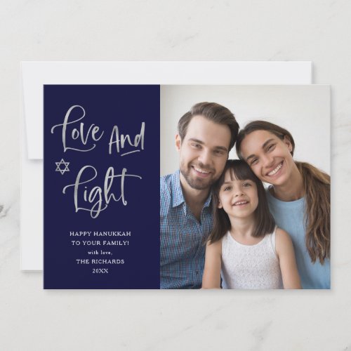 Love and Light  Navy and Silver Hanukkah Photo Holiday Card