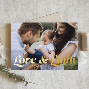 Love and Light Retro Typography Photo Hanukkah Foil Holiday Card