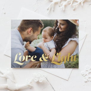 Love and Light Retro Typography Photo Hanukkah Foil Holiday Postcard