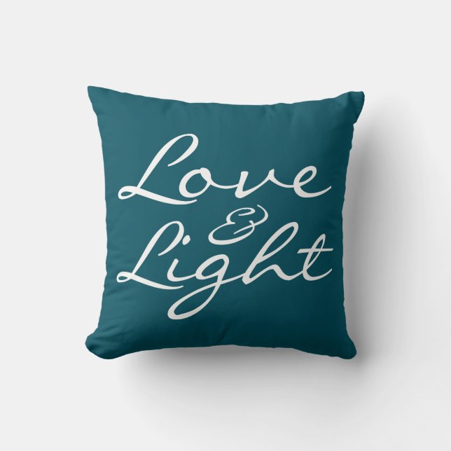 Love and Light Script Blue Green Christmas Throw Pillow (Front)