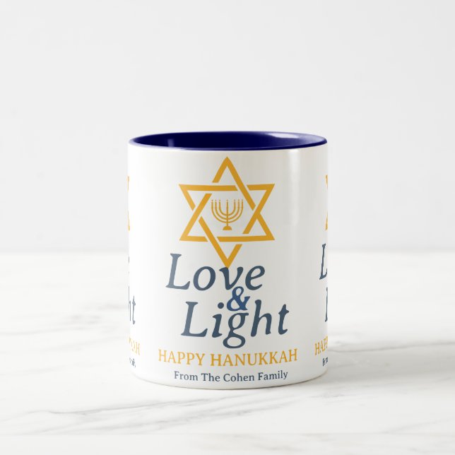 Love and Light | Simple Hanukkah family  Two-Tone Coffee Mug (Center)