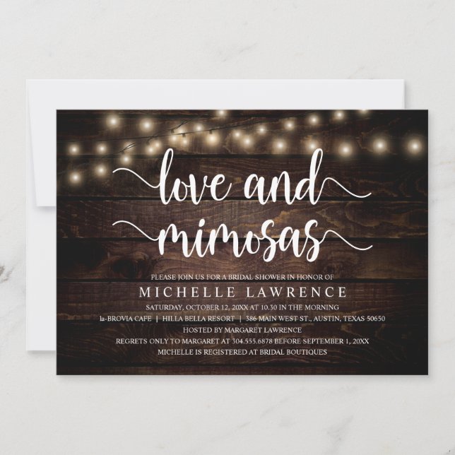 Love and Mimosas, Rustic Bridal Shower Celebration Invitation (Front)