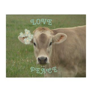 Love and Peace Flower Cow Wood Wall Art