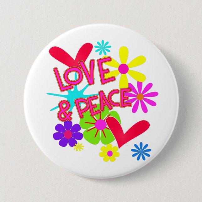 Love And Peace Flower Power Retro Hippie Graphic Button (Front)
