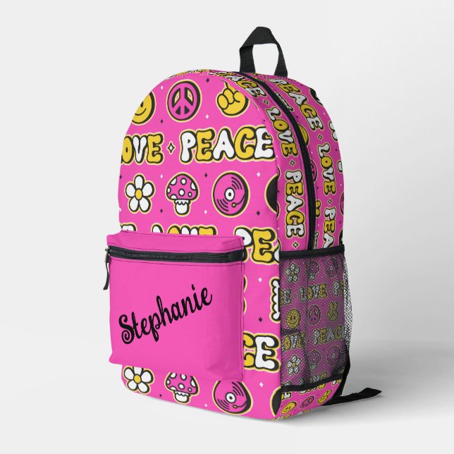 Love and Peace Hippy Style Personalized Printed Backpack (Back Corner Right)