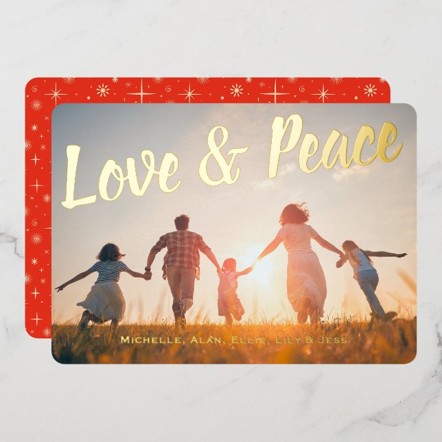 Love and Peace Red Sparkle Retro Christmas Foil Holiday Card (Front/Back)