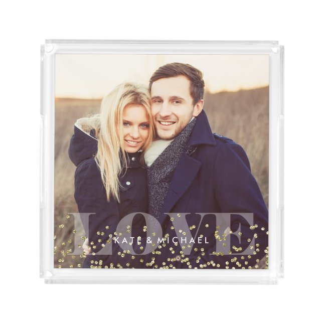 Love and Sparkles Modern Monogram Photo Acrylic Tray (Front)